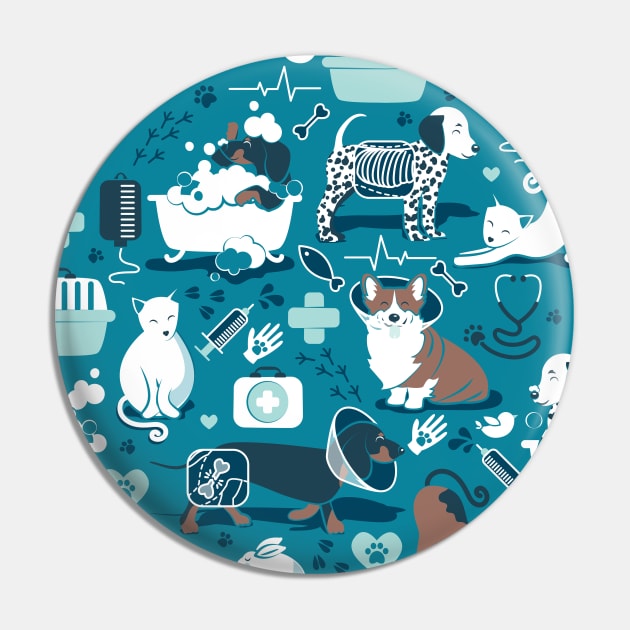 Veterinary medicine, happy and healthy friends // pattern // turquoise background aqua details navy blue white and brown cats dogs and other animals Pin by SelmaCardoso