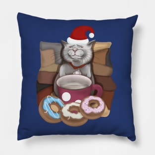 Santa cat. Funny cat with a mug of coffee and donuts. Pillow