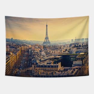 Foggy sunset view to the Eiffel Tower Tapestry