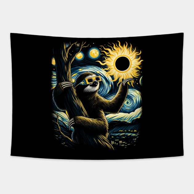 Sloth Eclipse Watcher: Chilling Under the Solar Phenomenon Tee Tapestry by ArtByJenX