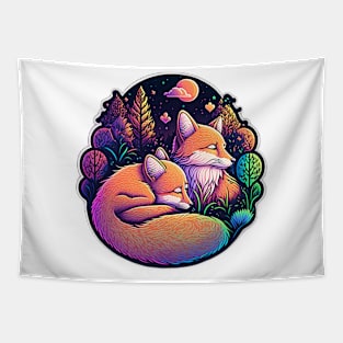 Sleepy Foxes Vibrant Illustration Tapestry