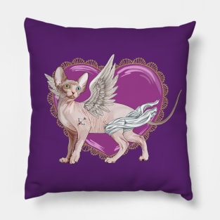 Valentines Day Sphynx Cat Cupid with Heart Pillow