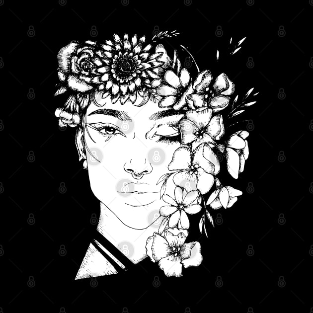Pretty black and white ink floral girl tattoo art by MiaArt365