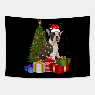 Boston Terrier Christmas Tree Santa Hat Funny Xmas Gift Dog T-Shirt Tapestry