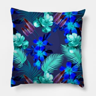 Palm Leaves And Flowers, Blue Navy Pillow