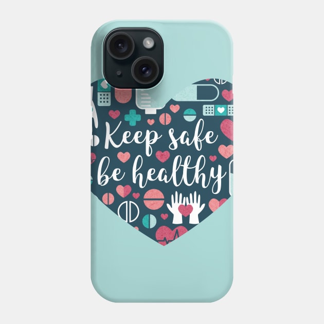 Keep safe be healthy // heart print // navy blue background aqua mint red white and coral medicine elements Phone Case by SelmaCardoso