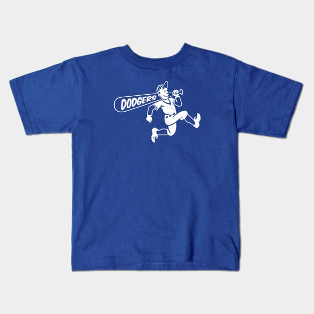 deadmansupplyco Vintage Running Baseball Player - Brooklyn Dodgers (White Dodgers Wordmark) Kids T-Shirt