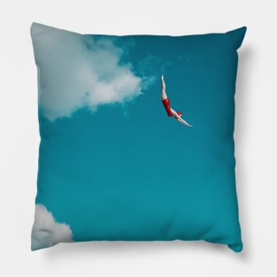 Sky Diver: Woman in Red Bathing Suit Dives Gracefully Through the Clouds Pillow