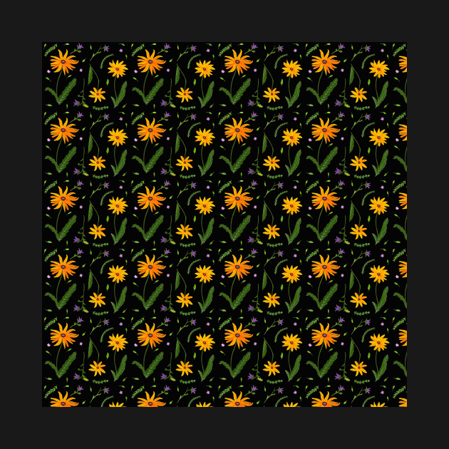 Black-Eyed Susan Pattern with a black background by Sandraartist