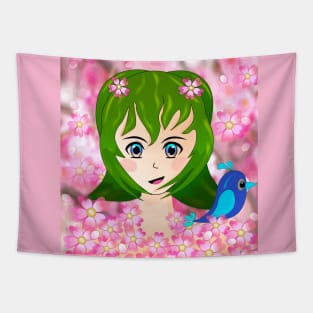 Manga girl with blue bird Tapestry