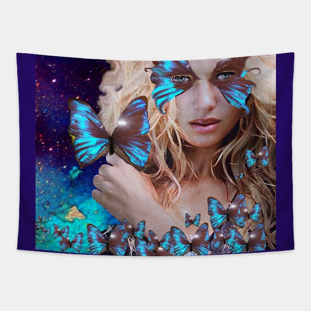 LADY OF THE BLUE BUTTERFLIES Tapestry by BulganLumini