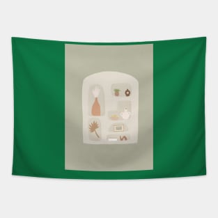 Cream shelf with green background Tapestry