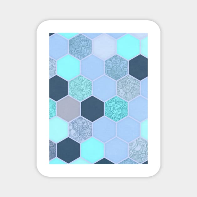 Denim Blue, Aqua & Indigo Hexagon Doodle Pattern Magnet by micklyn