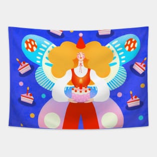 Butterfly birthday girl with birthday cake Tapestry