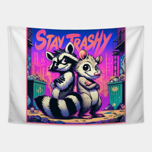 Stay Trashy Racoon and Possum Funny Trash Panda Vapor Retro Tapestry by Dad and Co