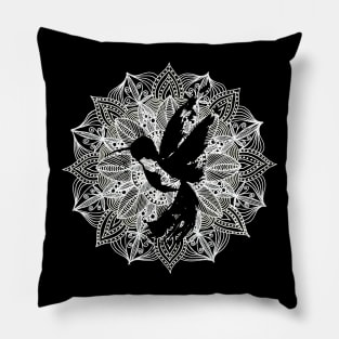 White Mandala Circle Hummingbird Pillow