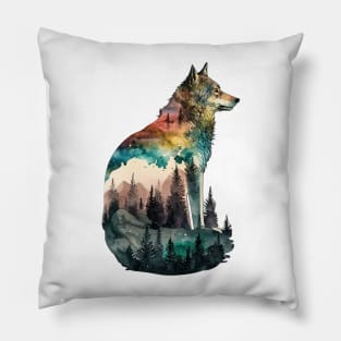 Wolf Watercolor Forest Cute Autumn Leaves Landscape Animal Print Pillow