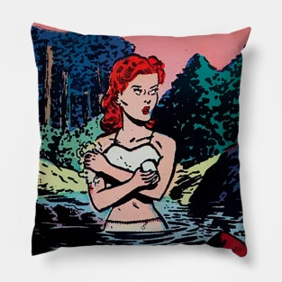 redhead girl taking a shower Pillow