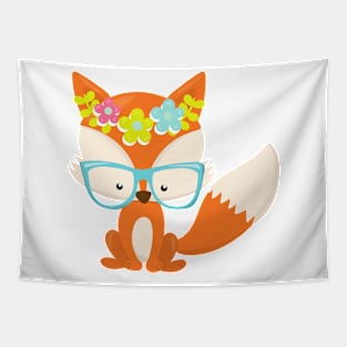 Hipster Fox, Fox With Glasses, Colorful Flowers Tapestry