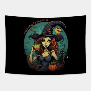 Witch Way To The Wine Women Halloween Witch Tapestry