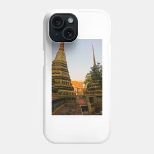 First sidewalk view to ornate roof, flanked from parts of Chedis at Wat Pho. Phone Case