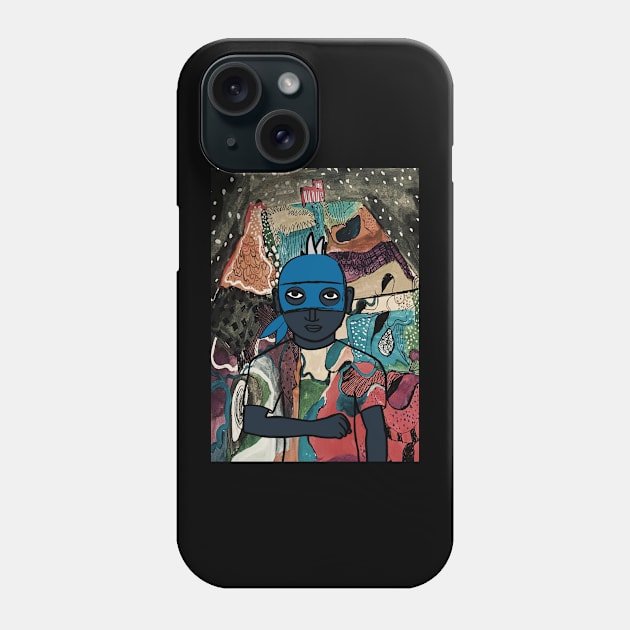 Mysterious Male Character with Basic Mask and Blue Accents in a Night of Secrets Phone Case by Hashed Art