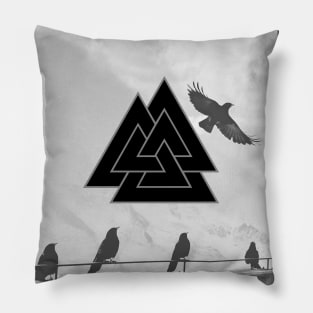 Black and White Valknut with Odin Ravens Pillow