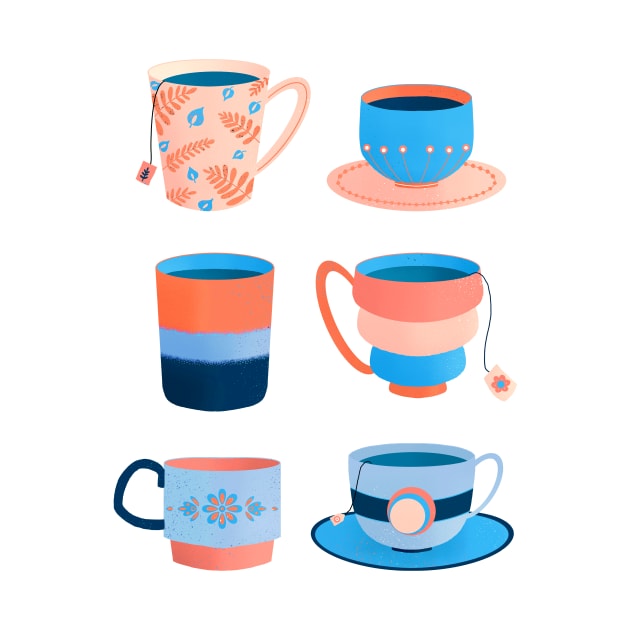 Coral and blue retro tea cups by Home Cyn Home 