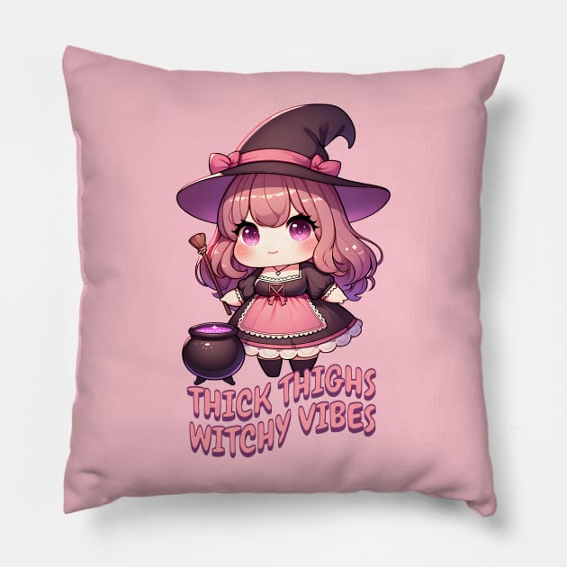 Thick Thighs Witchy Vibes Cute Kawaii Chubby Witch Pillow by WitchyArty