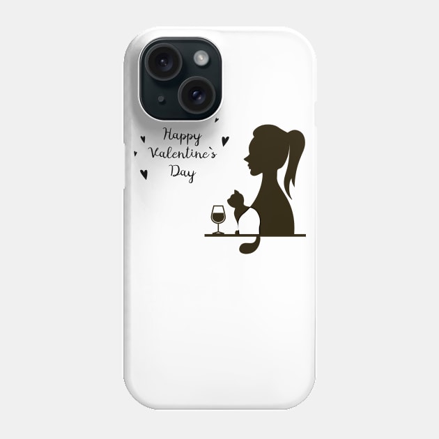 Happy Valentine`s Day female silhouette with the silhouette of a cat and a glass of wine Phone Case by satinrain