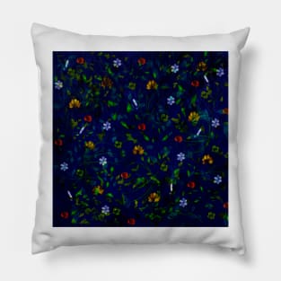 Flower Explosion of red, blue, yellow, green on navy blue background Pillow