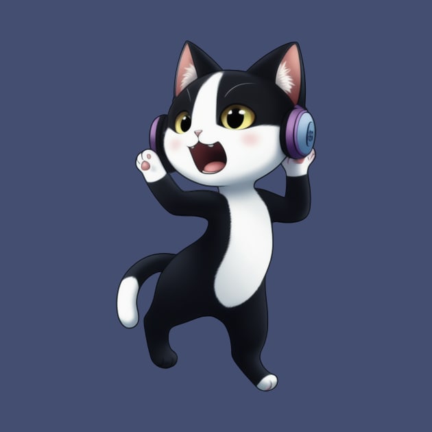 Cute Tuxedo Cat with Headphones by Rishirt