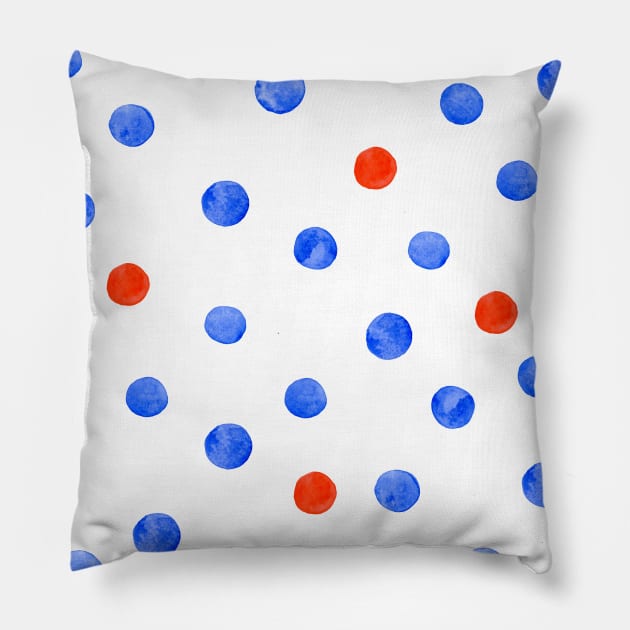 Watercolor random dots - blue and orange Pillow by wackapacka