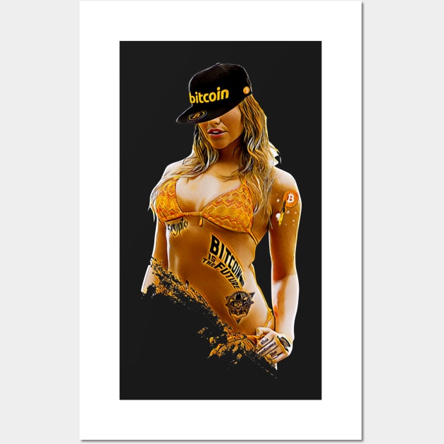 Cropped photo of a girl in bra who holds bitcoin golden coind in