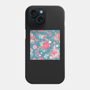 Pink and Blue Shabby Chic  Floral Flowers, Pretty Feminine Pattern on Blue Background Phone Case