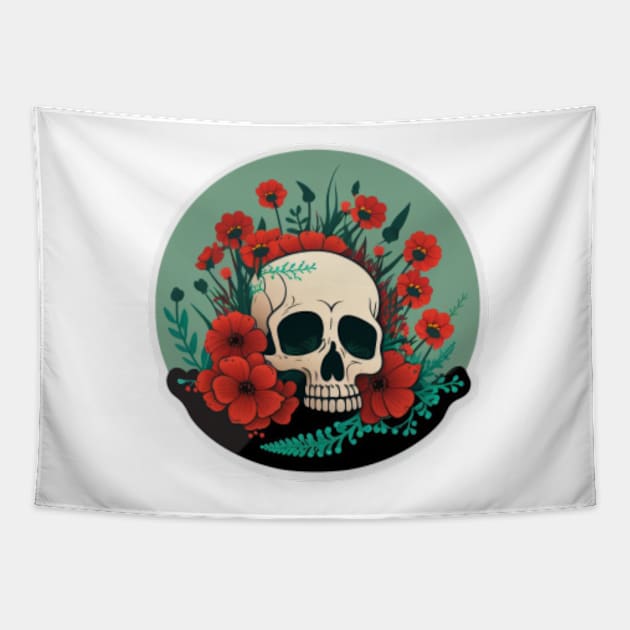 Skull head & red flowers Illustration Tapestry by JEWEBIE