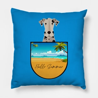 Dalmatian Dog in Beach Pocket with Hello Summer Sign Pillow