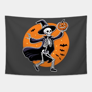 Halloween Skeleton Witch Holding Pumpkin T-Shirt Design Tapestry