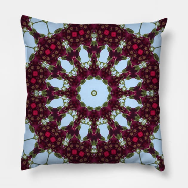 Mandala Kaleidoscope in Deep Rose, Red, Sky Blue, and Green Pillow by Crystal Butterfly Creations