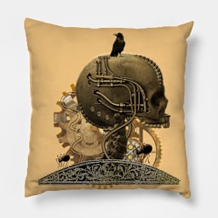 Awesome mechanical skull with crow and spider Pillow