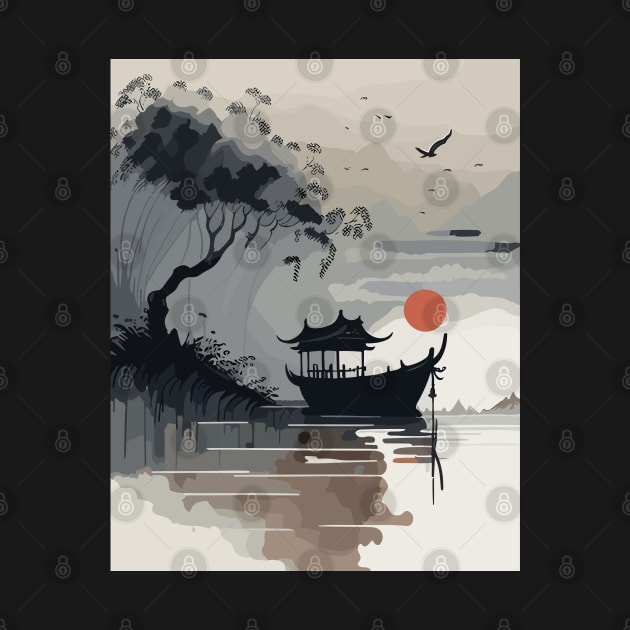 Boat on a Lake Ink Painting by ShirtifiedStore