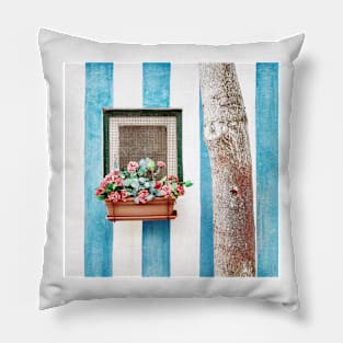 Mediterranean window with flowers Pillow