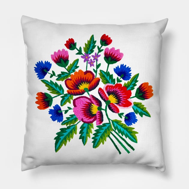 Grandmommy Flowering Bouquet - Poppies Centaurea Violet - Green Leaves - Blossom - Satin Stitch Embroidery - Colorful Wild Flower Pillow by GrandTartaria