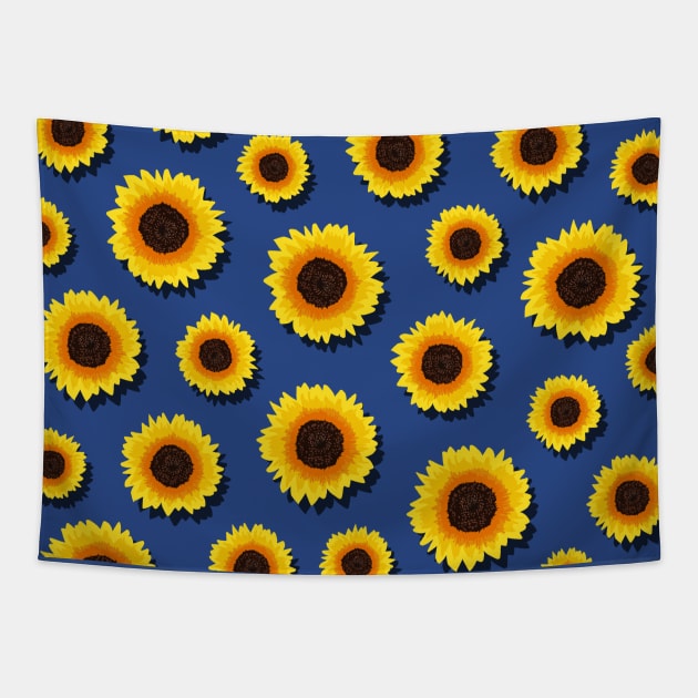 Yellow Sunflowers on Blue Floral Pattern Tapestry by OneThreeSix