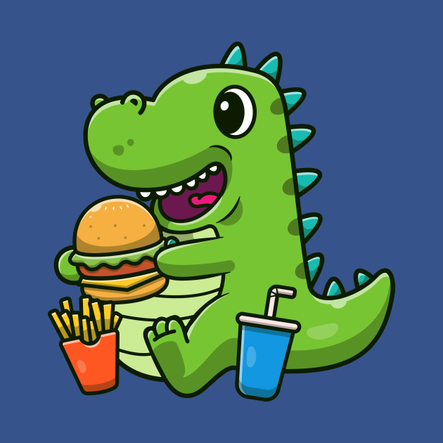 Discover Cute Dinosaur Eating Burger Cartoon - Dinosaur - T-Shirt