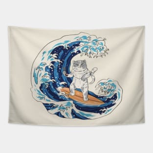 Japanese wave surfing cat Tapestry