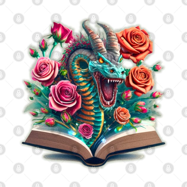 book with dragon and roses coming out of it by JnS Merch Store