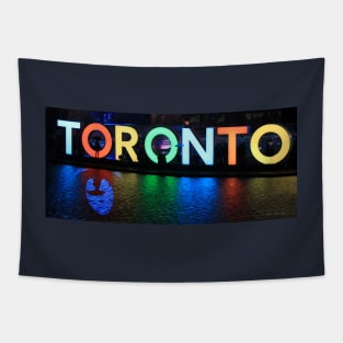 Toronto Sign All Lit Up With Umbrella Silhoette Tapestry