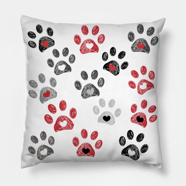Red, black and grey doodle paw print Pillow by GULSENGUNEL