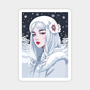 Flat Graphic of a White-Haired Woman in Snow Magnet